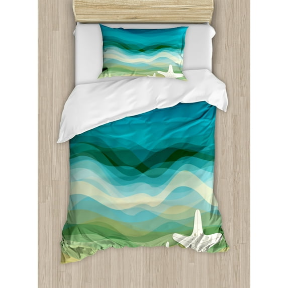 Ambesonne Abstract Duvet Cover Sets, Modern Waves Starfish, 2-Twin, Blue Beige