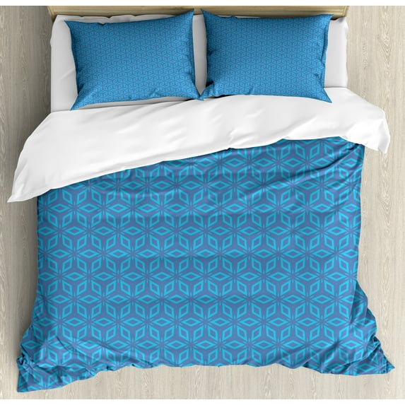 Ambesonne Abstract Duvet Cover Sets, Monotone Geometric Shapes, 2-Queen, Ceil Blue Deep Sky Blue