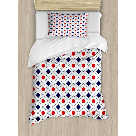 Ambesonne Abstract Duvet Cover Sets, Nautical Circles Squares, 2-Twin, Navy Blue White Red