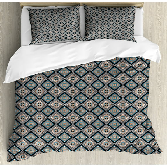 Ambesonne Abstract Duvet Cover Sets, Nested Geometric Shapes, 2-Queen, Indigo Salmon