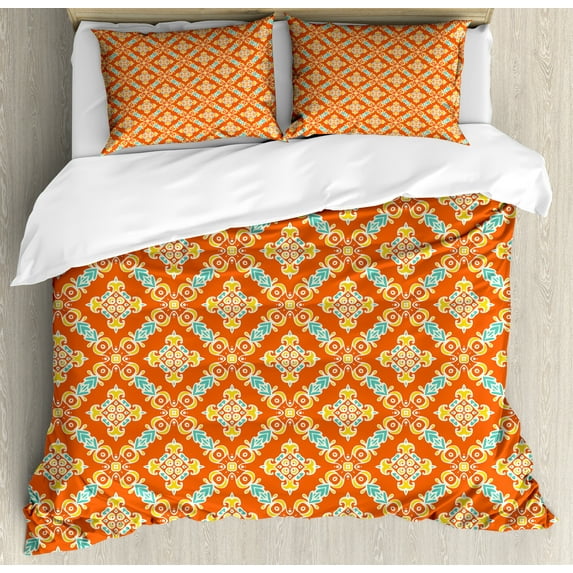 Ambesonne Abstract Duvet Cover Sets, Orient Motifs, 2-Queen, Vermillion Aqua