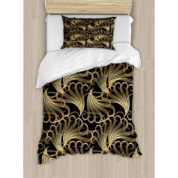 Ambesonne Abstract Duvet Cover Sets, Ornamental Curved Lines, 2-Twin, Charcoal Grey and Pale Brown