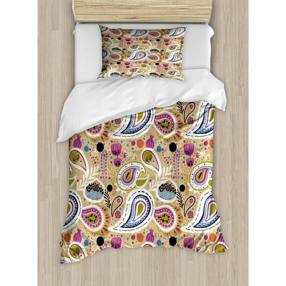 Ambesonne Abstract Duvet Cover Sets, Paisley Inspired Motifs, 2-Twin, Pale Camel Multicolor