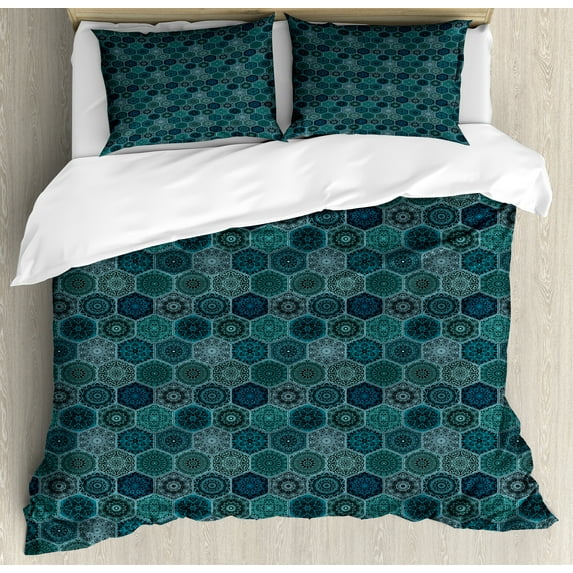Ambesonne Abstract Duvet Cover Sets, Patchwork Floral Style, 2-King, Cadet Blue Multicolor