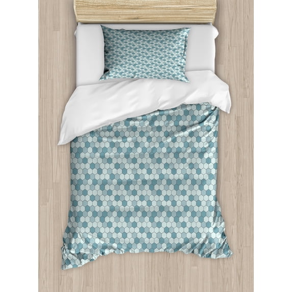 Ambesonne Abstract Duvet Cover Sets, Patchwork Haxagon Patterns, 2-Twin, Pale Teal Blue Grey