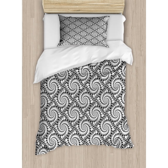 Ambesonne Abstract Duvet Cover Sets, Psychedelic Spiral Shells, 2-Twin, Pearl Charcoal Grey