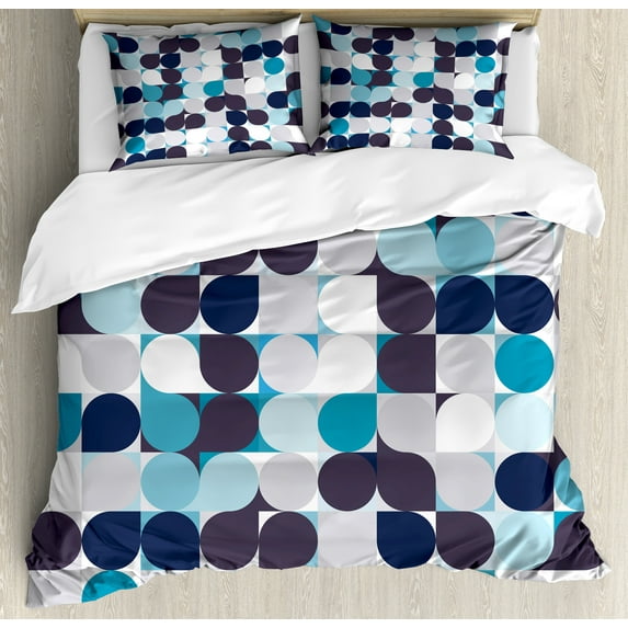 Ambesonne Abstract Duvet Cover Sets, Retro Circles Squares, 2-Queen, Brown Grey Teal White