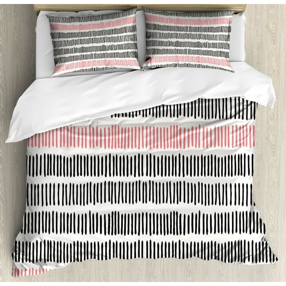 Ambesonne Abstract Duvet Cover Sets, Retro Lines Hipster, 2-Queen, Black Coral White
