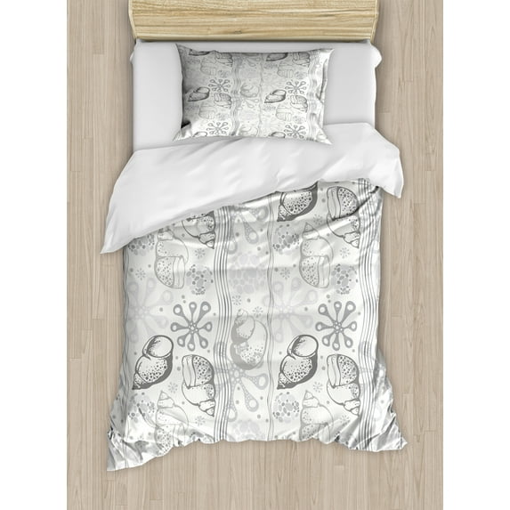 Ambesonne Abstract Duvet Cover Sets, Snail Marine Symbols Art, 2-Twin, White Pale Almond Green