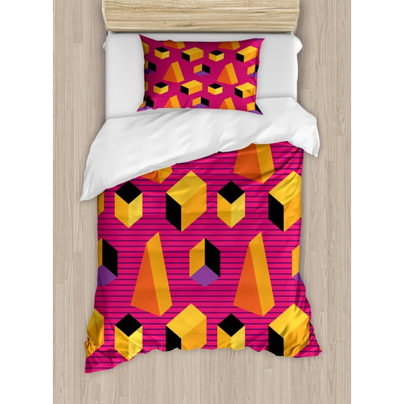 Ambesonne Abstract Duvet Cover Sets, Summer Tone 80's Geometric, 2-Twin, Orange and Fuchsia