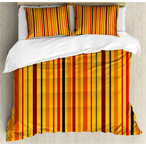 Ambesonne Abstract Duvet Cover Sets, Vibrant Vertical Lines, 2-King, Orange Marigold Burgundy