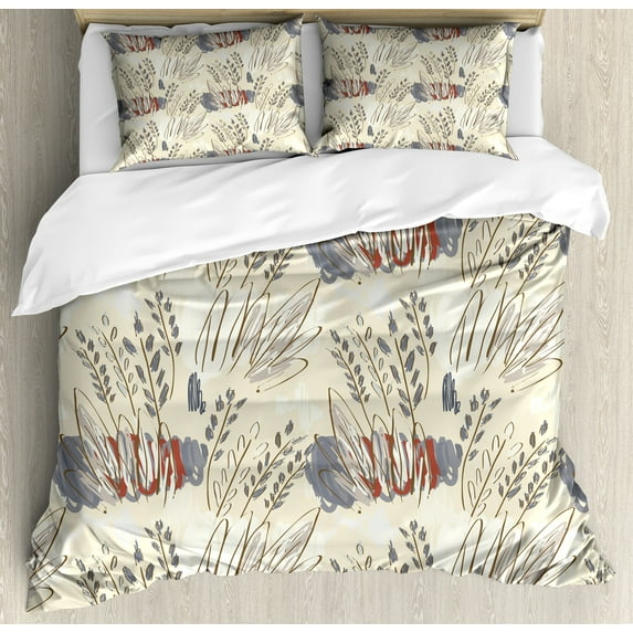 Ambesonne Abstract Duvet Cover Sets, Winter Style Leaves Motifs, 2-Queen, Eggshell Multicolor