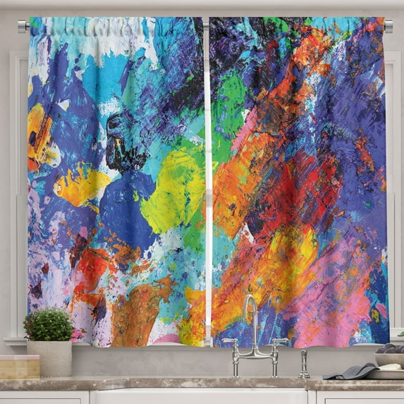 Ambesonne Abstract Expressionist Kitchen Curtains, Blow of Tone, 55"x36", Blue and Multicolor