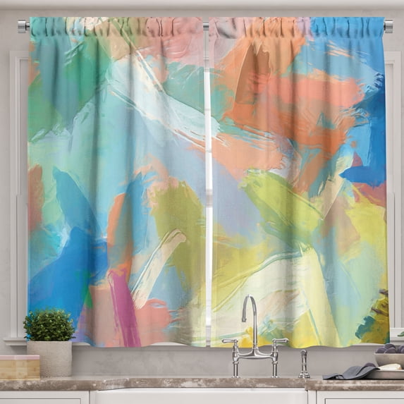 Ambesonne Abstract Expressionist Kitchen Curtains, Pastel Marks, 55"x30", Salmon Avocado Green Blue