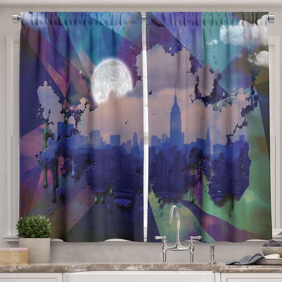 Ambesonne Abstract Expressionist Kitchen Curtains, Surreal NYC, 55"x36", Indigo Multicolor