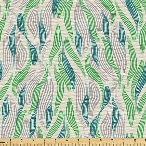 Ambesonne Abstract Fabric by the Yard Upholstery, Leaf Like Swirly Shapes, 5 Yards, Fern Green and Slate Blue