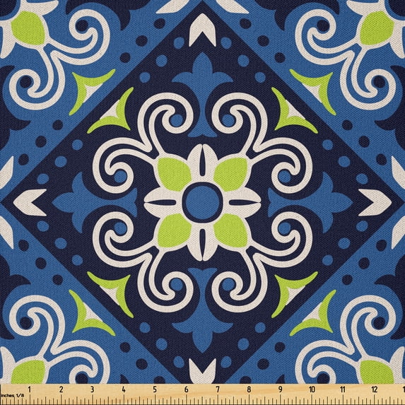 Ambesonne Abstract Fabric by the Yard Microfiber, Curls Polka Dots, 5 Yards, Apple Green Night Blue