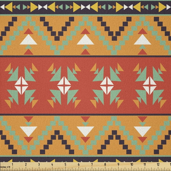 Ambesonne Abstract Fabric by the Yard Microfiber, Geometric Bohemian Motifs, 10 Yards, Seafoam Orange Indigo