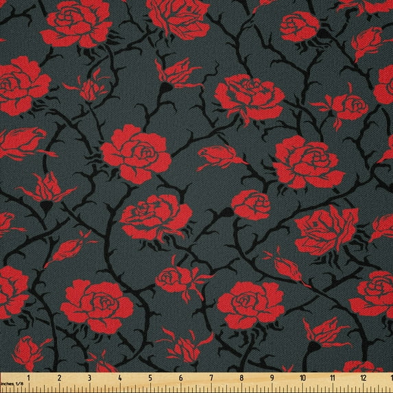 Ambesonne Abstract Fabric by the Yard Microfiber, Mystic Rose Swirls Design, 10 Yards, Charcoal Grey Ruby