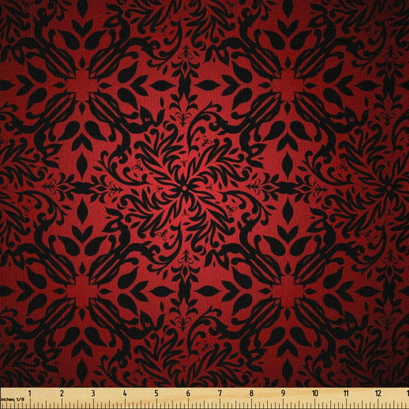 Ambesonne Abstract Fabric by the Yard Microfiber, Orient Flowers Leaves Art, 1 Yard, Vermilion and Black