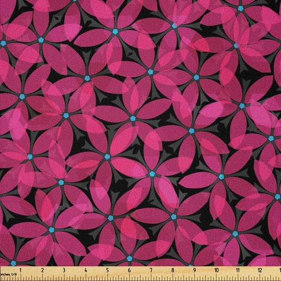 Ambesonne Abstract Fabric by the Yard Microfiber, Romantic Flowers in Bloom, 2 Yards, Charcoal Grey Hot Pink