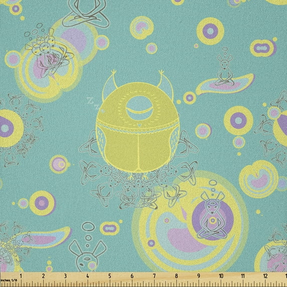 Ambesonne Abstract Fabric by the Yard Microfiber, Sleeping Owls and Mouses, 5 Yards, Sky Blue Avocado Green and Lavender