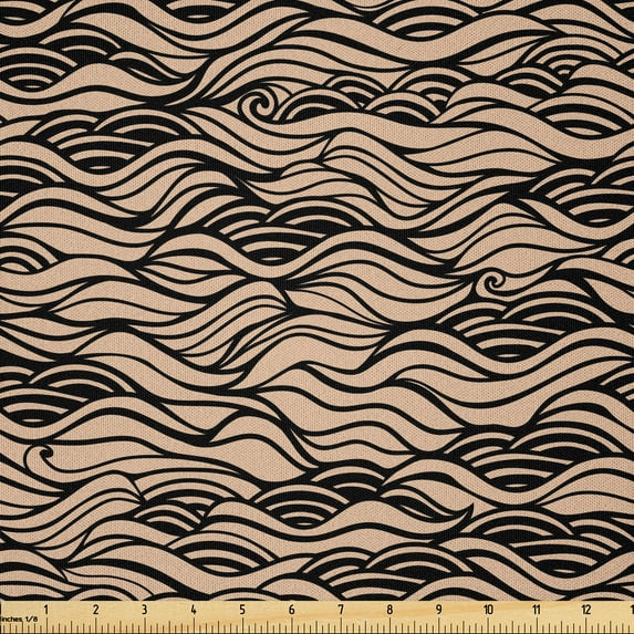 Ambesonne Abstract Fabric by the Yard Microfiber, Tangled Swirl Waves Art, 10 Yards, Peach and Charcoal Grey