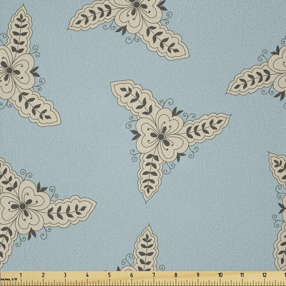 Ambesonne Abstract Fabric by the Yard Microfiber, Vintage Floral Element, 2 Yards, Pale Blue Grey Beige