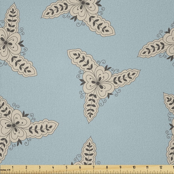Ambesonne Abstract Fabric by the Yard Microfiber, Vintage Floral Element, 5 Yards, Pale Blue Grey Beige