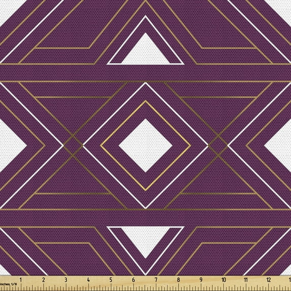 Ambesonne Abstract Fabric by the Yard Upholstery, Triangles Squares Geometry, 2 Yards, Dark Magenta and Camel