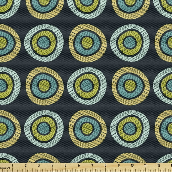 Ambesonne Abstract Fabric by the Yard Upholstery, Boho Doodle Circles Ring, 2 Yards, Cream and Dark Blue Grey