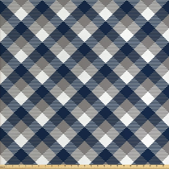Ambesonne Abstract Fabric by the Yard Upholstery, Checkered Tartan Shape, 5 Yards, Dimgrey White Dark Blue
