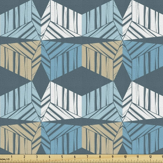 Ambesonne Abstract Fabric by the Yard Upholstery, Cold Colored Geometric Art, 2 Yards, Ecru Slate Blue Teal
