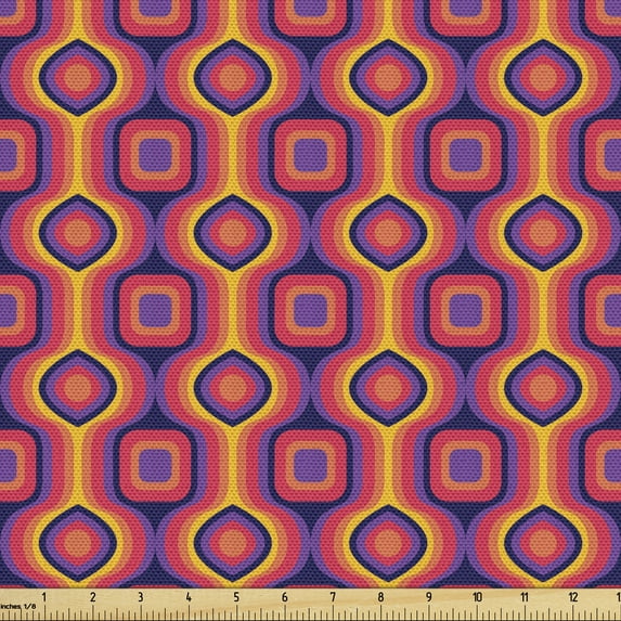 Ambesonne Abstract Fabric by the Yard Upholstery, Colorful Retro Geometric, 2 Yards, Coral and Purple