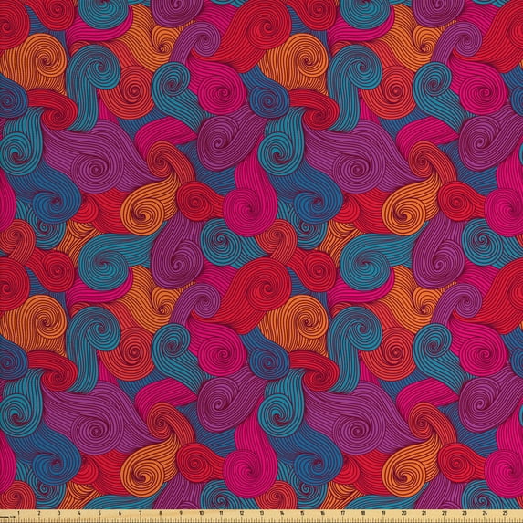 Ambesonne Abstract Fabric by the Yard Upholstery, Colorful Swirls Curls, 5 Yards, Multicolor