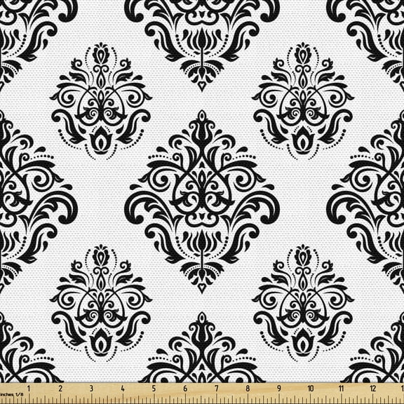 Ambesonne Abstract Fabric by the Yard Upholstery, Eastern Damask Style Art, 1 Yard, Black and White