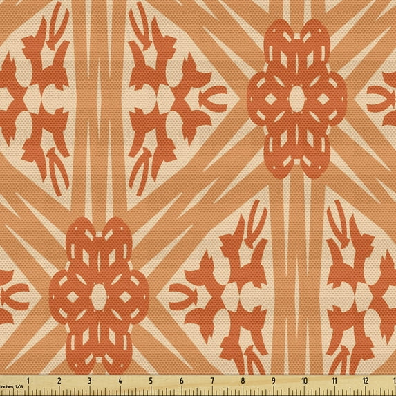 Ambesonne Abstract Fabric by the Yard Upholstery, Floral Detailed Lines Grid, 1 Yard, Peach Vermilion