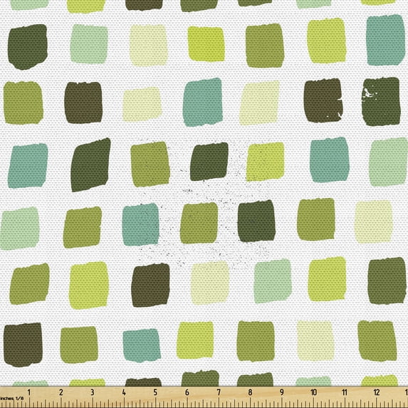 Ambesonne Abstract Fabric by the Yard Upholstery, Green Brushstroke Squares, 2 Yards, Green Seafoam and White
