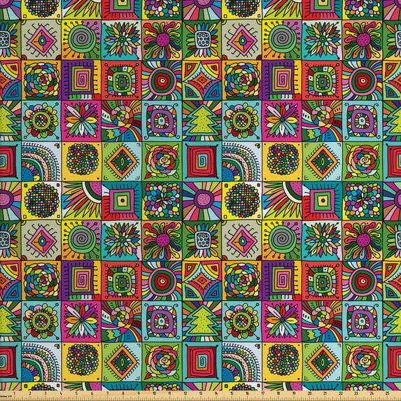 Ambesonne Abstract Fabric by the Yard Upholstery, Grid Geometric Squares, 3 Yards, Multicolor