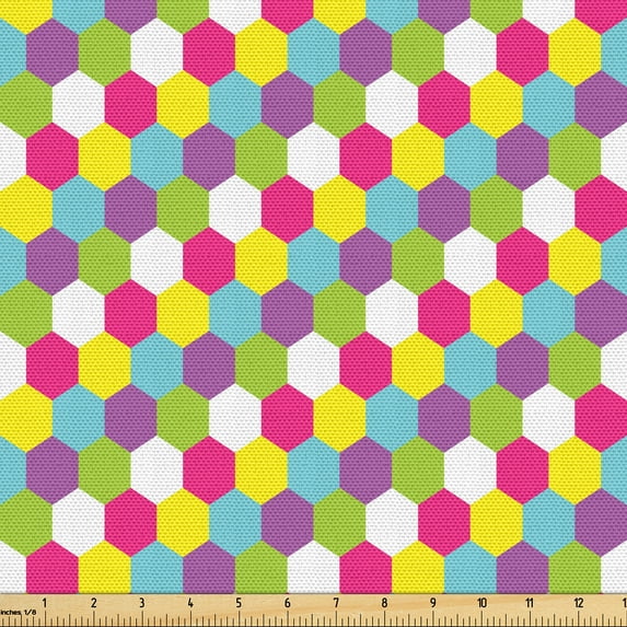 Ambesonne Abstract Fabric by the Yard Upholstery, Hexagonal Honeycomb Style, 5 Yards, Green Multicolor