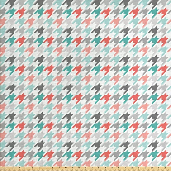 Ambesonne Abstract Fabric by the Yard Upholstery, Houndstooth Motifs, 2 Yards, Dark Coral Mint Green