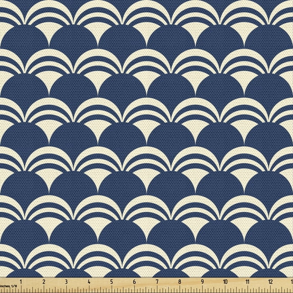Ambesonne Abstract Fabric by the Yard Upholstery, Japanese Folk Semicircles, 10 Yards, Night Blue Eggshell