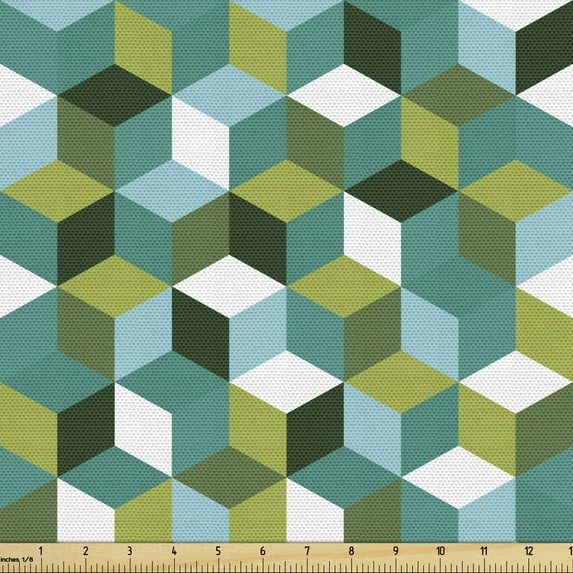 Ambesonne Abstract Fabric by the Yard Upholstery, Modern Colored Cubes, 3 Yards, Teal Hunter Green