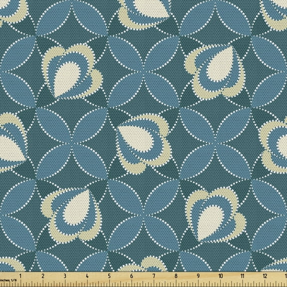Ambesonne Abstract Fabric by the Yard Upholstery, Nostalgic Dotted Floral, 2 Yards, Petrol Blue Cream
