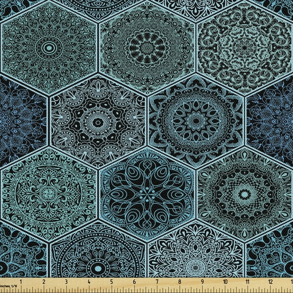 Ambesonne Abstract Fabric by the Yard Upholstery, Patchwork Floral Style, 3 Yards, Cadet Blue Multicolor