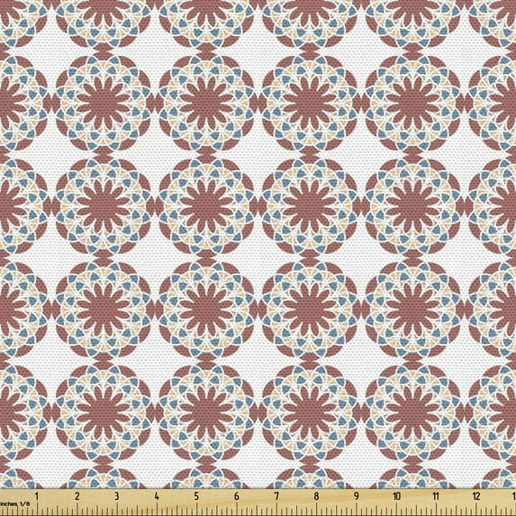 Ambesonne Abstract Fabric by the Yard Upholstery, Rounded Vintage Elements, 5 Yards, Sea Blue Pale Rust