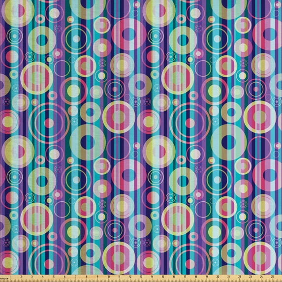 Ambesonne Abstract Fabric by the Yard Upholstery, Stripes Circles Party, 2 Yards, Multicolor