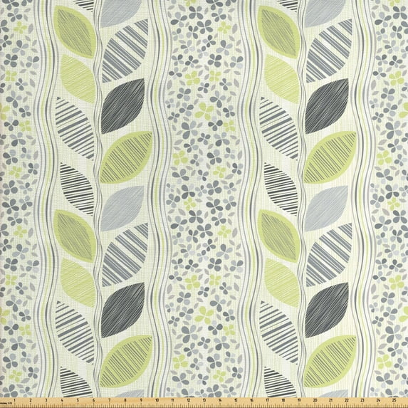 Ambesonne Abstract Fabric by the Yard Upholstery, Stripes Sketched Leaves, 5 Yards, Green Grey