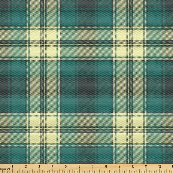 Ambesonne Abstract Fabric by the Yard Upholstery, Teal and Cream Tartan Line, 1 Yard, Dark Teal Cream and Grey