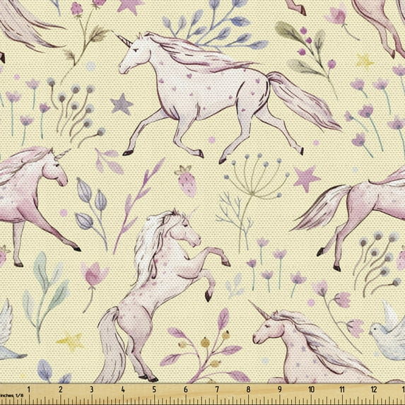 Ambesonne Abstract Fabric by the Yard Upholstery, Watercolor Unicorns, 1 Yard, Multicolor